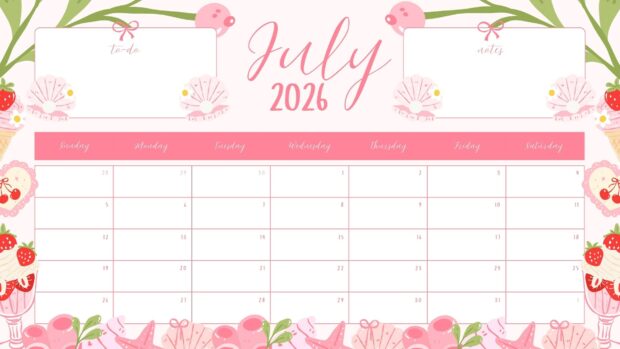 A charming 2026 July Calendar Desktop Background with a cute pink summer theme, featuring ice cream and seashells