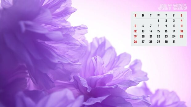 A dreamy 2026 July Calendar Desktop Background featuring soft-focused purple flower petals in a serene composition