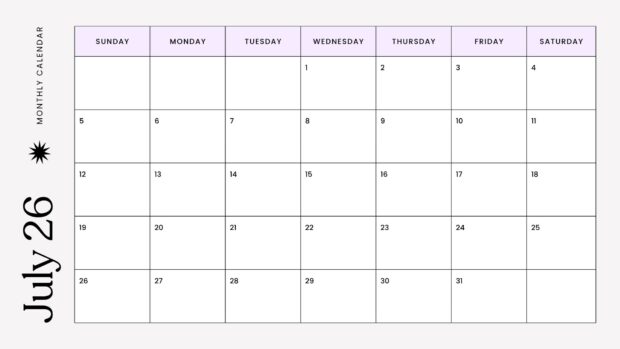 A sleek 2026 July Calendar Desktop Background featuring a minimalist modern design with a light grey and purple palette