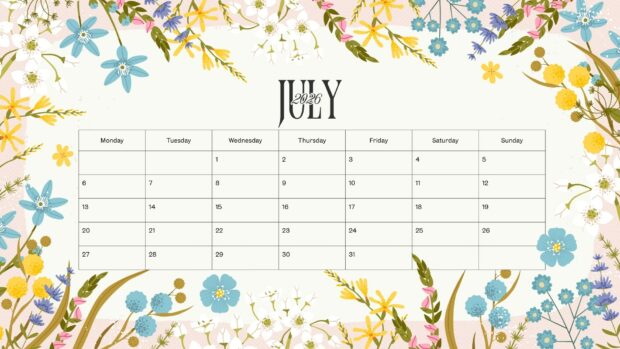 A beautiful 2026 July Calendar Desktop Background adorned with a vibrant border of colorful wildflowers