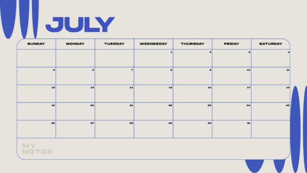 An abstract 2026 July Calendar Desktop Background with bold blue accents and a dedicated 'My Notes' section