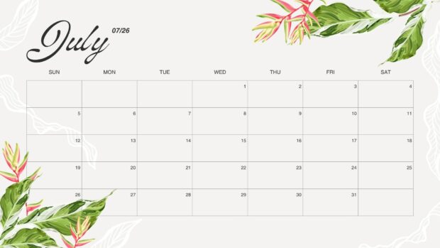 A clean 2026 July Calendar Desktop Background with elegant script text and watercolor tropical leaves in the corners