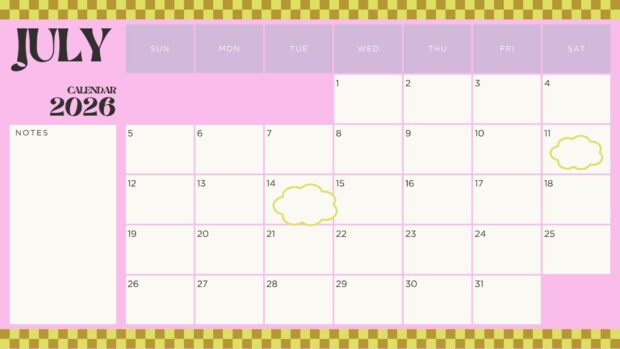 A playful 2026 July Calendar Desktop Background featuring a bright pink layout with a yellow checkered border and a notes section