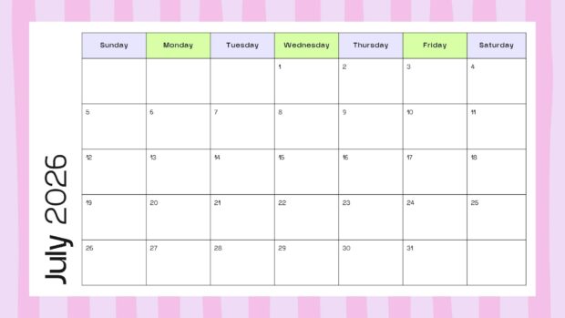 A minimalist 2026 July Calendar Desktop Background with a clean grid and a subtle pink striped background