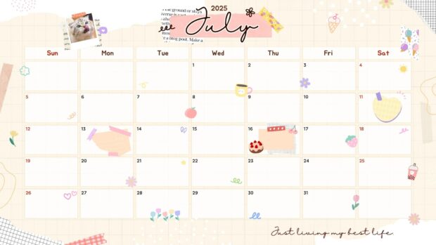 An aesthetic 2026 July Calendar Desktop Background featuring a beige grid with various cute stickers and doodles, designed for a charming look