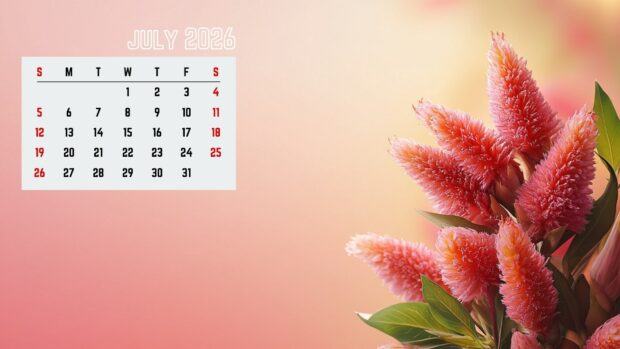 A 2026 July Calendar Desktop Background with vibrant pink celosia flowers on a soft pink and yellow gradient