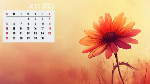 A 2026 July Calendar Desktop Background featuring a vibrant single orange daisy-like flower on a warm painterly background