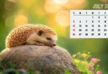 A 2026 July Calendar Desktop Background featuring a cute sleeping hedgehog on a rock amidst a blurry green and bokeh background