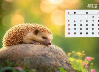 A 2026 July Calendar Desktop Background featuring a cute sleeping hedgehog on a rock amidst a blurry green and bokeh background