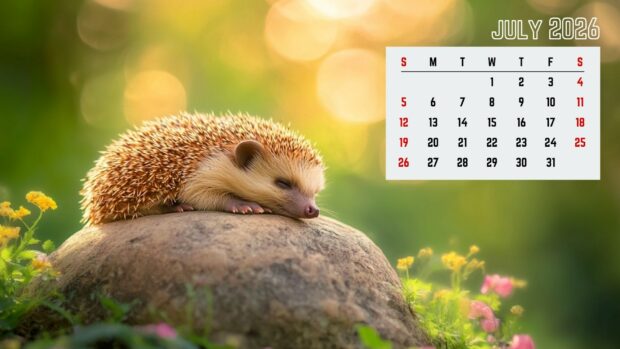 A 2026 July Calendar Desktop Background featuring a cute sleeping hedgehog on a rock amidst a blurry green and bokeh background