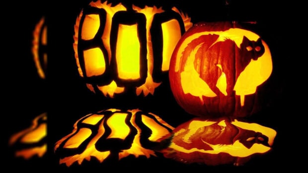 A creative 3D Halloween Wallpaper showing carved pumpkins spelling 