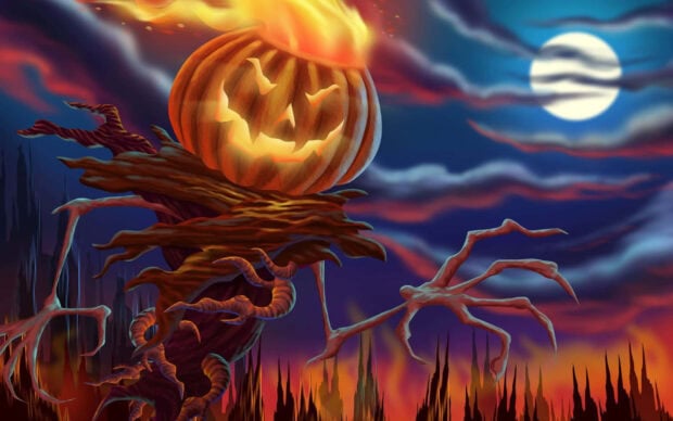 A vibrant 3D Halloween Wallpaper depicting a fiery scarecrow with a jack-o'-lantern head against a dramatic night sky