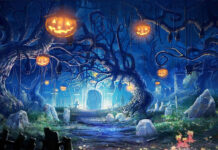 An enchanting 3D Halloween Wallpaper depicting a haunted forest with twisted trees, hanging jack-o'-lanterns, and a glowing archway
