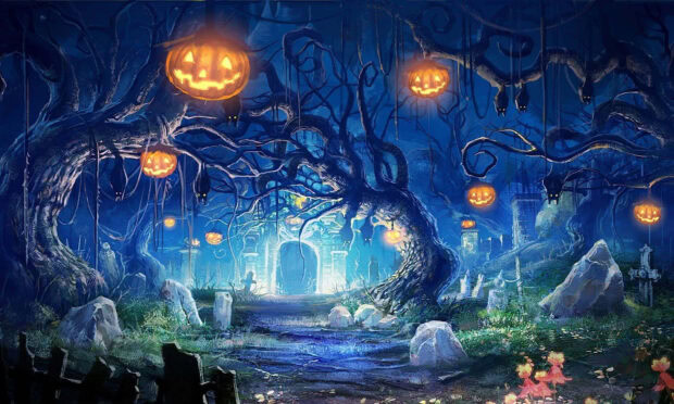 An enchanting 3D Halloween Wallpaper depicting a haunted forest with twisted trees, hanging jack-o'-lanterns, and a glowing archway