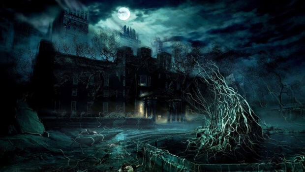 A haunting 3D Halloween Wallpaper featuring a spooky mansion with gnarled trees under a full moon at night