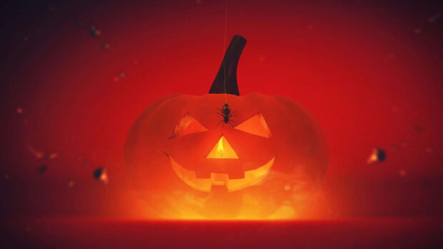 A vibrant 3D Halloween Wallpaper featuring a glowing jack-o'-lantern with a spider descending from its stem