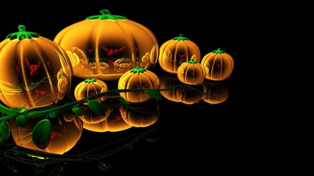 A creative 3D Halloween wallpaper showcasing multiple glowing orange pumpkins with green stems reflecting on a dark surface