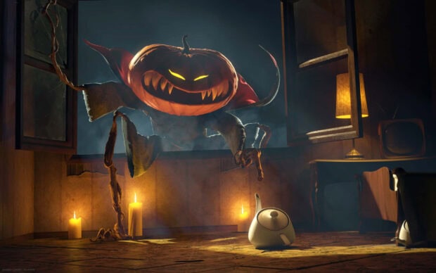 An eerie 3D Halloween Wallpaper featuring a monstrous pumpkin creature with glowing eyes peeking through a window