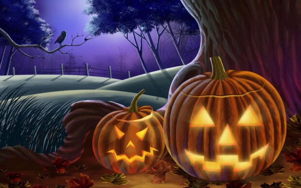 A charming 3D Halloween wallpaper featuring two glowing jack-o'-lanterns under a large tree with an owl, and a fence in the background