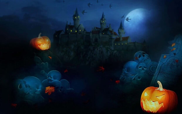 An eerie 3D Halloween wallpaper depicting a haunted castle under a blue moon, surrounded by glowing pumpkins and piles of skulls