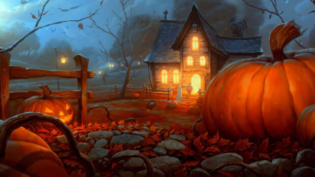 An enchanting 3D Halloween Wallpaper depicting a spooky haunted house surrounded by glowing pumpkins and autumn leaves