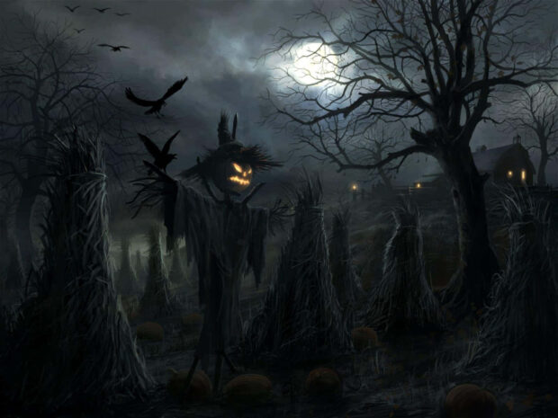 An eerie 3D Halloween Wallpaper depicting a spooky scarecrow under a full moon with flying crows