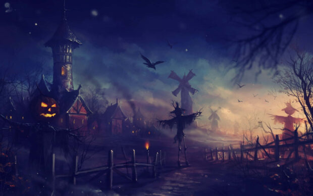 A spooky 3D Halloween Wallpaper depicting a haunted village with scarecrows and ominous windmills under a dark sky