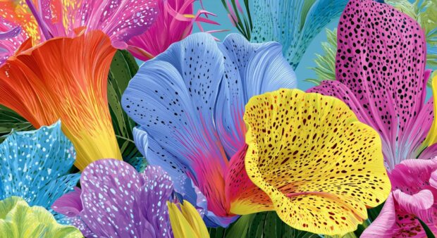 Flower wallpaper displaying abstract, vibrant, and highly stylized tropical flowers in various bright colors with speckled patterns
