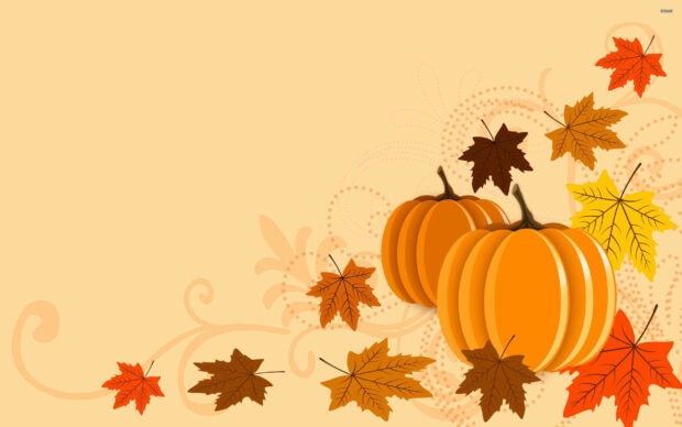Aesthetic Fall Wallpaper featuring cute pumpkins and colorful autumn leaves on a light background