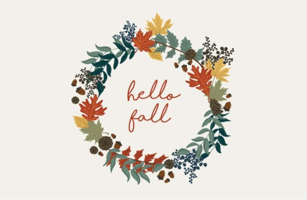 Aesthetic Fall Wallpaper featuring a "Hello Fall" text surrounded by a decorative wreath of colorful autumn leaves, berries, and acorns