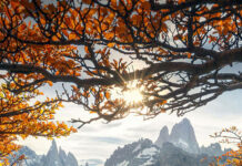 Aesthetic fall wallpaper featuring a breathtaking mountain landscape with bright orange autumn trees, a winding river, and distant snow-capped peaks under a sunny sky