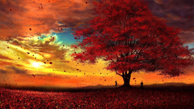An artistic anime style fall season wallpaper featuring a dramatic red tree at sunset with falling leaves and a small figure
