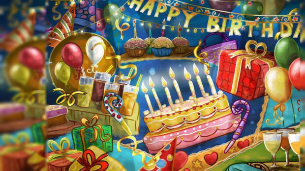 A vibrant birthday wallpaper illustration depicting a party scene with cake, presents, balloons, and a 'Happy Birthday' banner