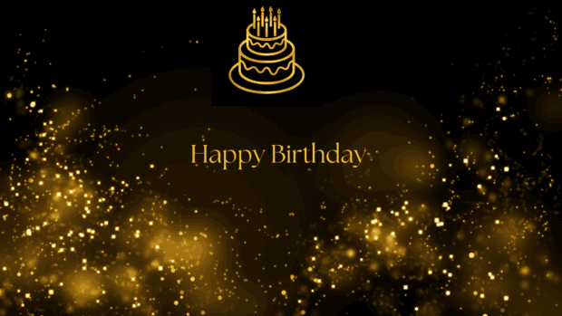 Birthday wallpaper featuring a golden outline birthday cake and 'Happy Birthday' text on a black background with sparkling golden bokeh