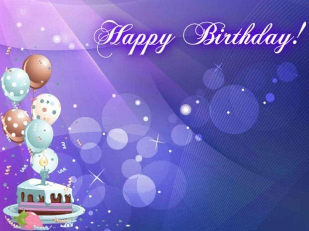A cheerful birthday wallpaper with a small cake, balloons, and 'Happy Birthday!' text on a festive purple background