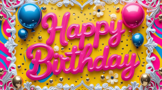 Birthday wallpaper featuring vibrant pink 'Happy Birthday' text with colorful balloons and ornate frames on a yellow background
