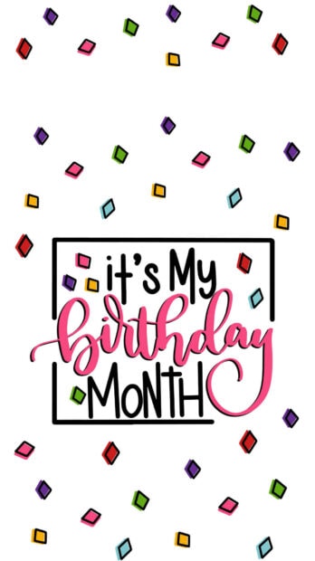 A vibrant birthday wallpaper with 'it's My birthday MONTH' text and colorful confetti on a white background