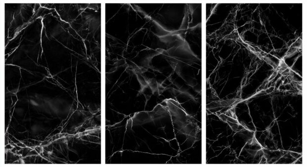 A black aesthetic wallpaper showcasing a triptych of dark black marble texture with intricate white veins across the surface