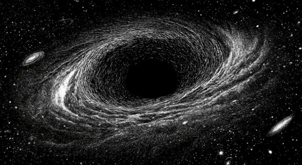 Black Aesthetic Wallpaper depicting a stylized black hole swirling in deep space with stars
