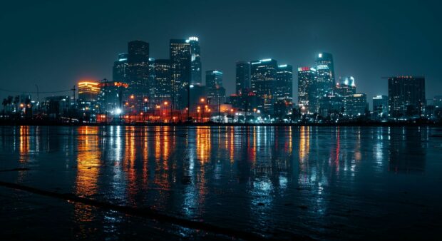 Black aesthetic wallpaper showcasing a city skyline at night with vibrant reflections on a wet surface