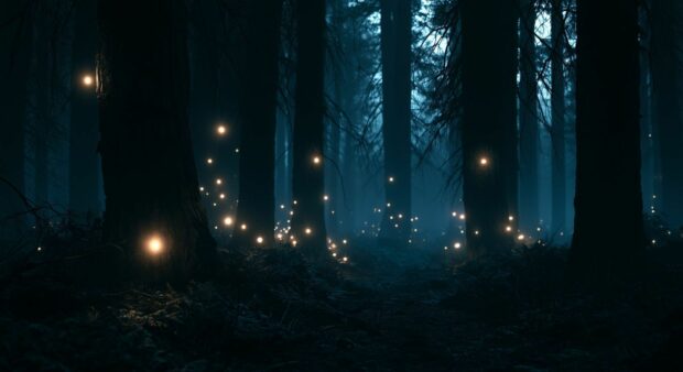 A mystical black aesthetic wallpaper showcasing a dark forest at night with numerous small glowing lights on the ground