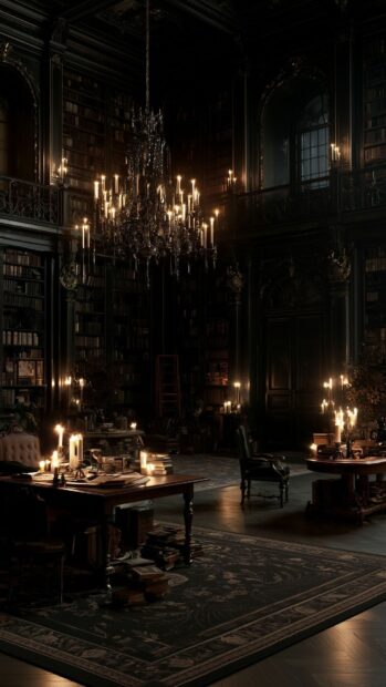 Black aesthetic wallpaper depicting a dark, elegant library interior with multiple lit candles and a grand chandelier