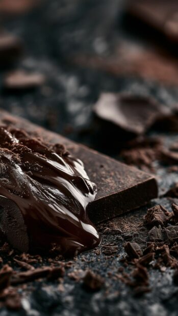 Black aesthetic wallpaper featuring dark chocolate pieces with melted chocolate on a textured dark background