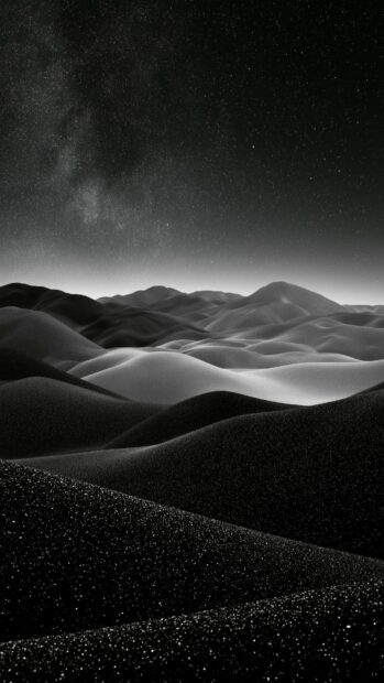 A minimalist black aesthetic wallpaper featuring abstract desert dunes under a starry night sky in monochrome