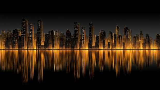 Black aesthetic wallpaper featuring a golden city skyline reflecting on a dark water surface at night