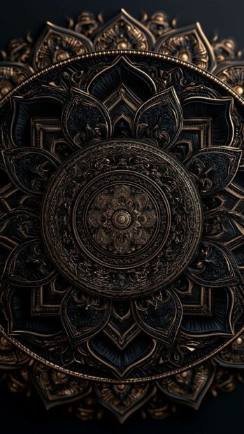 Black aesthetic wallpaper featuring an ornate gold and black mandala design with intricate details