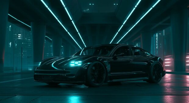 A sleek black aesthetic wallpaper depicting a modern sports car under vibrant blue neon lights in an underground setting