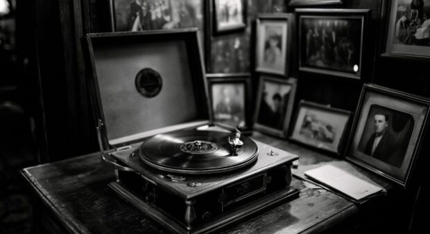 A nostalgic black aesthetic wallpaper featuring a vintage record player on a wooden table with framed photos in the background