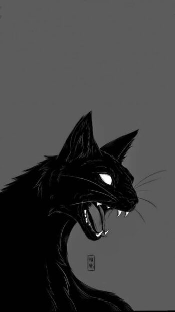 A fierce Black Cat Halloween Wallpaper illustration featuring a stylized black cat with fangs showing and white eyes on a dark grey background
