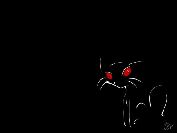An abstract Black Cat Halloween Wallpaper featuring minimalist white outline art of a black cat with piercing red eyes on a dark background